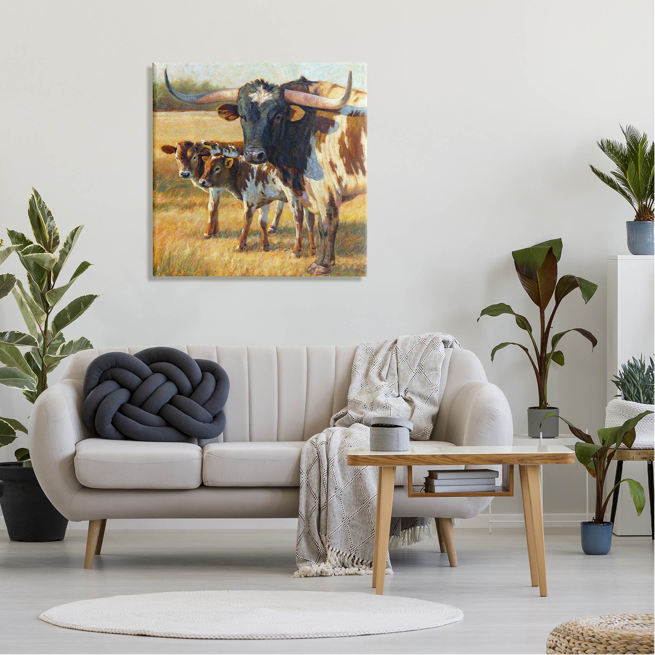 Longhorn Cattle Family Grassland Animals & Insects Painting Gallery Wrapped Canvas Print Wall Art