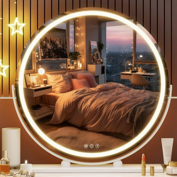 Vanity Mirror with Lights, 23.6" LED Large Makeup Mirror, Lighted Makeup Mirror with Lights, Smart Touch Control 3 Colors Dimmable Round Mirror 360°Rotation White