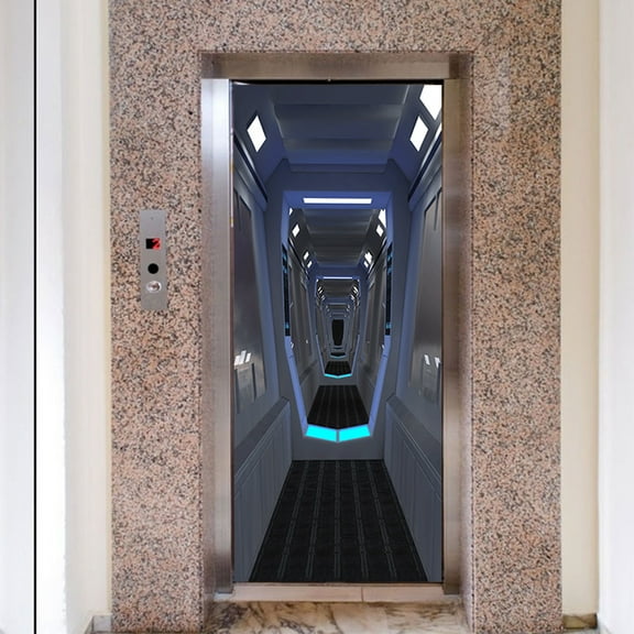 3D Door Stickers for Interior Doors Spaceship Interior Corridor Vinyl Waterproof Self Adhesive Door Mural Decals for Bedroom Office Bathroom