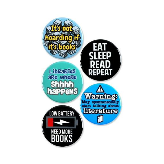 5 Pack - Humorous Bookworm Pinback Button Badges - 2.25 Inch