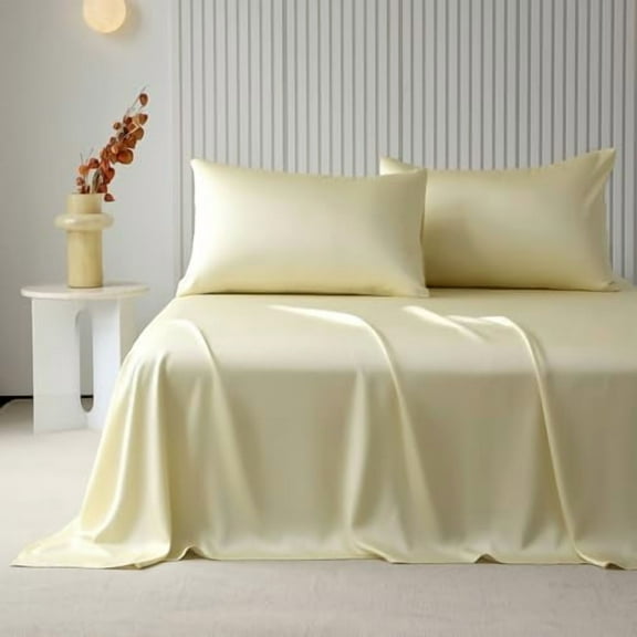 Twin Size Sheet Set - 3 Piece Bedding Lyocell Tencel Sheets - Solid Yellow Twin Bed Sheets - Extra Soft Deep Pockets Fitted Sheets, Breathable Hotel Bedding Sheet & Pillowcase Sets