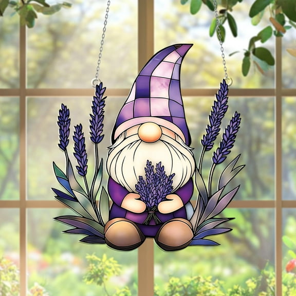 Gnome Lavender Acrylic Suncatcher, Window Hanging Garden Art, Rustic Summer Gift