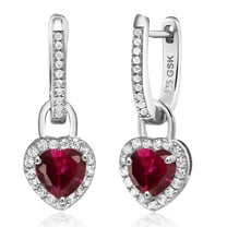 Gem Stone King 925 Sterling Silver Red Created Ruby and White Created Sapphire Dangle Earrings for Women (2.42 Cttw, Gemstone July Birthstone, Heart Shape 6MM)