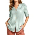 thumbnail image 2 of TGSLY Women's Striped V Neck Tops Lightweight Thin Casual Button Down Roll Tab Short Sleeves Blouses Loose Fit Dressy Curved Hem Shirts M, 2 of 10