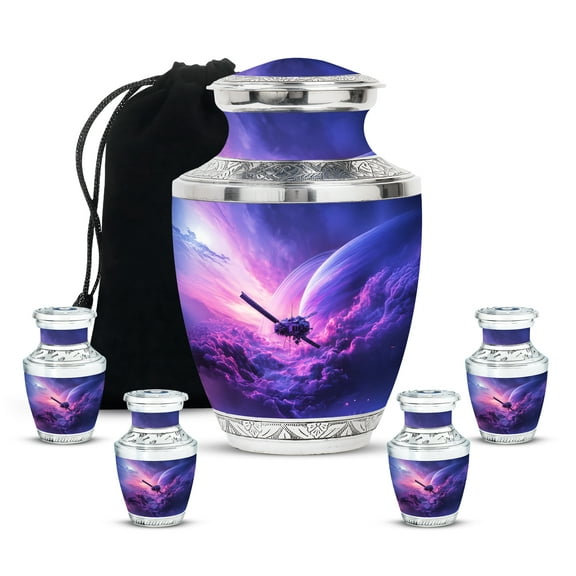 MUKTIVE Spaceship Funeral Urn for Human Ashes Adult Men & Women - Set of 5 Decorative Combo Urns for Male & Female - Purple Urns for Burial (1 Large, 4 Keepsake)