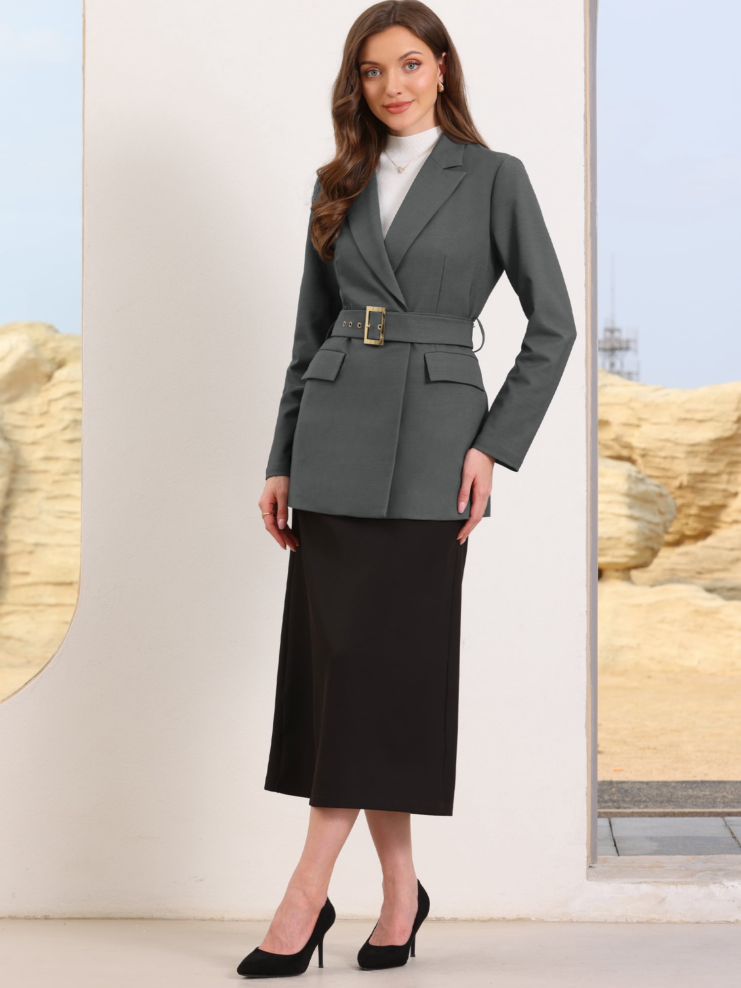 DARING DIVA Women's Long Sleeve Belted Long Blazer Suit Jacket XL Dark Gray