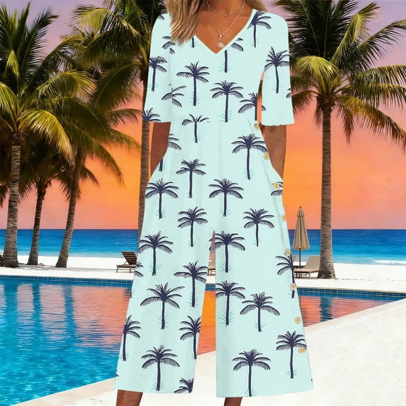 Roncen Women's Boho Jumpsuit Floral Printed Wide Leg Short Sleeve Romper with Pocket Back Zip V Neck Loose Fit Vacation Onesie