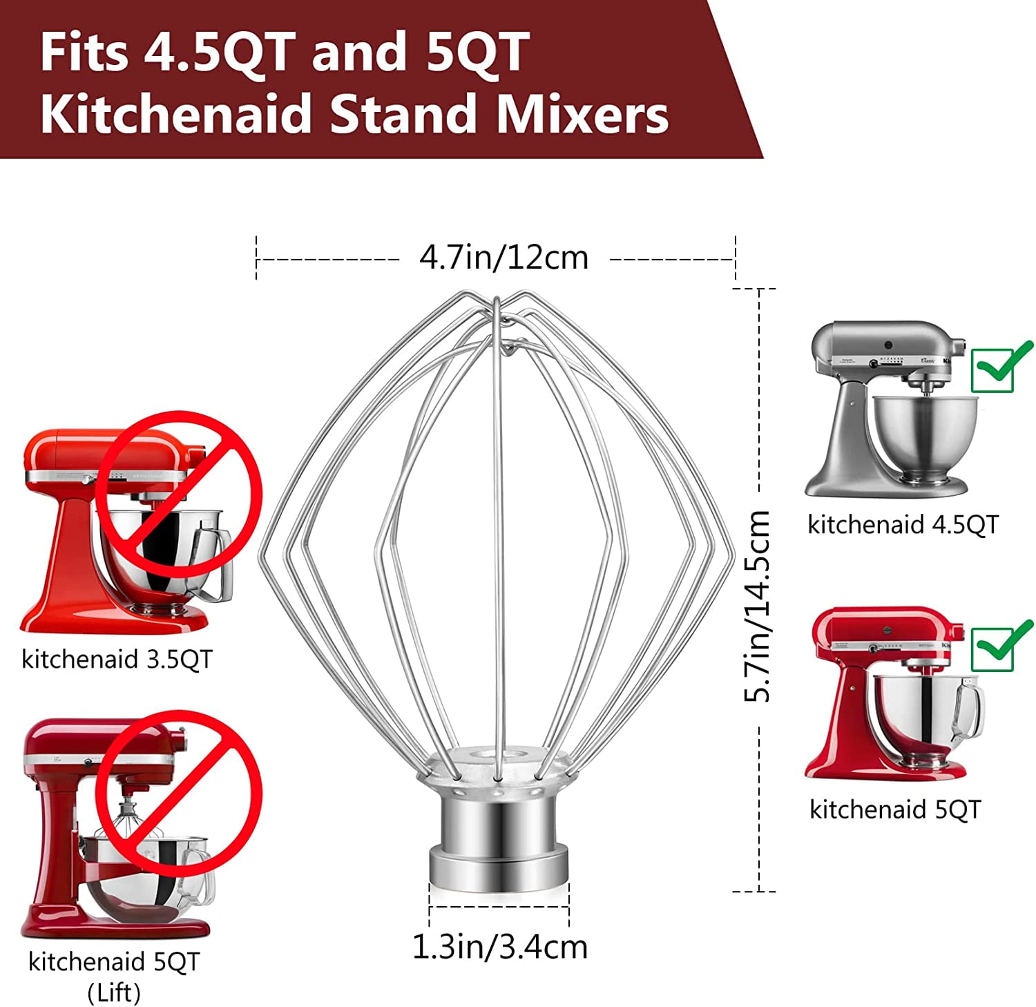 KN256WW 6 QT Wire Whip Stainless Steel for KitchenAid Stand Mixer Accessory  Replacement, Egg Cream Stirrer, Cakes Mayonnaise