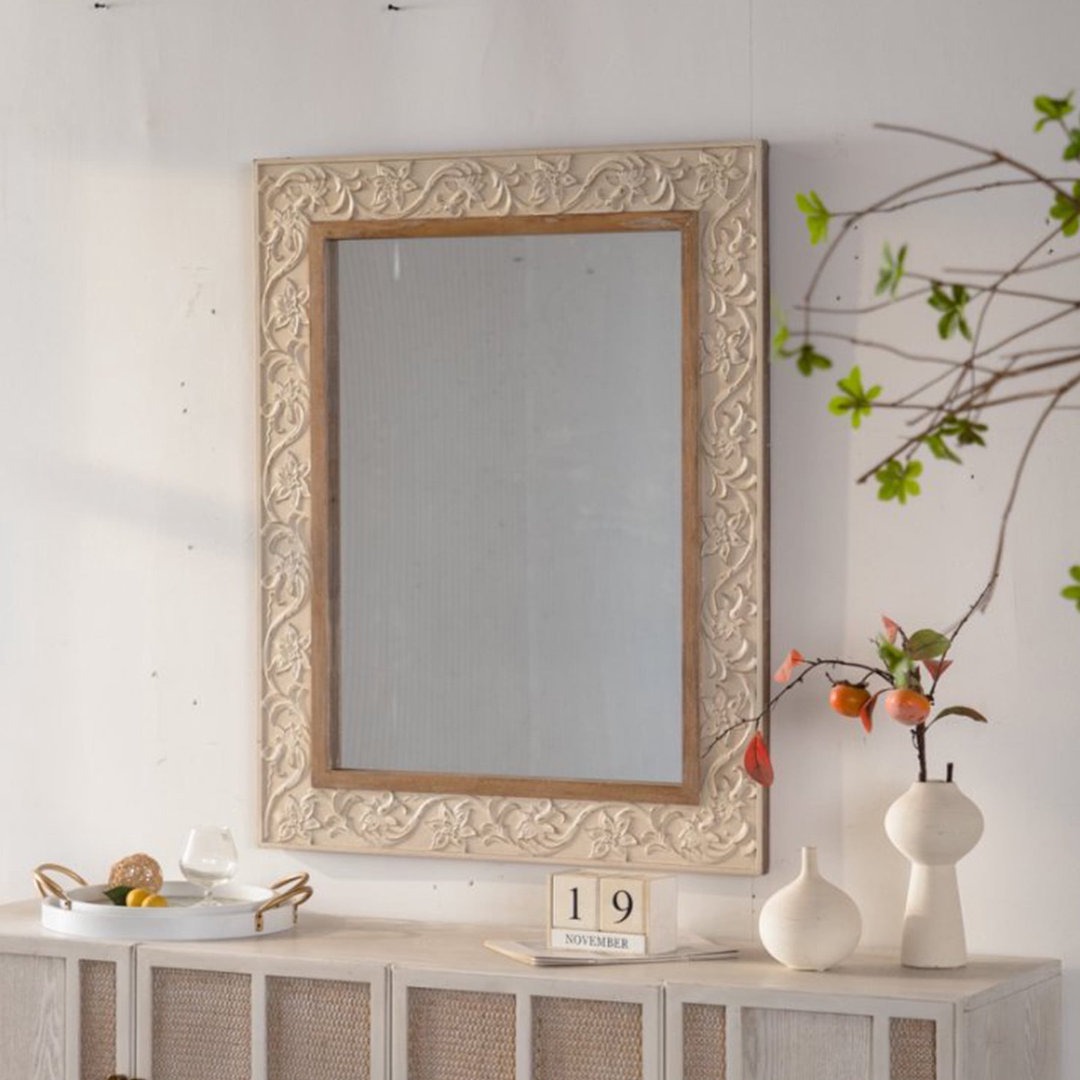 Noble House Westmere Vintage Carved Pattern Rectangular Wall Mirror, Ornate Floral Retro Frame, Beige & Brown
