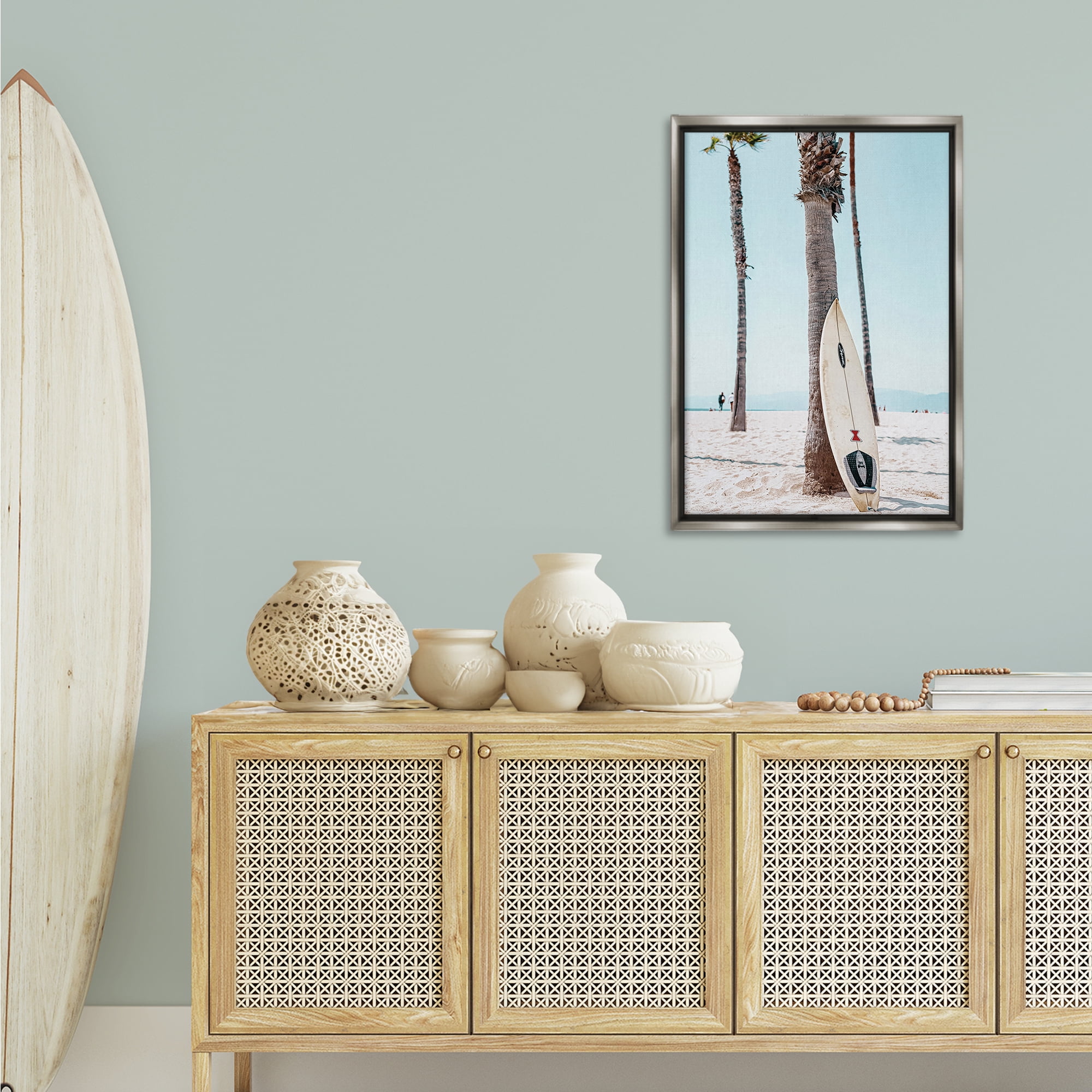 Stupell Industries California Summer Surfboard Nautical & Beach Photography Gray Floater Framed Canvas Art Print Wall Art, 21 x 31