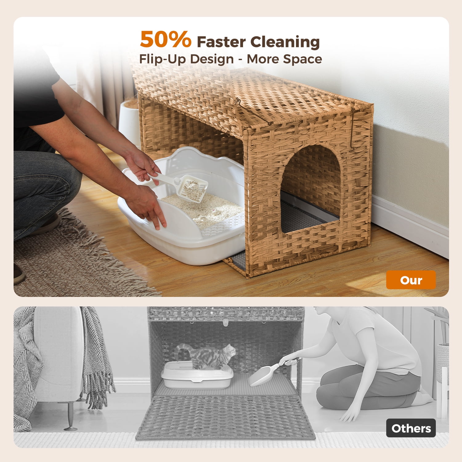 PEQULTI Rattan Cat Litter Box Enclosure Pet House with Taller Doorway for Large Cats Indoor Beige