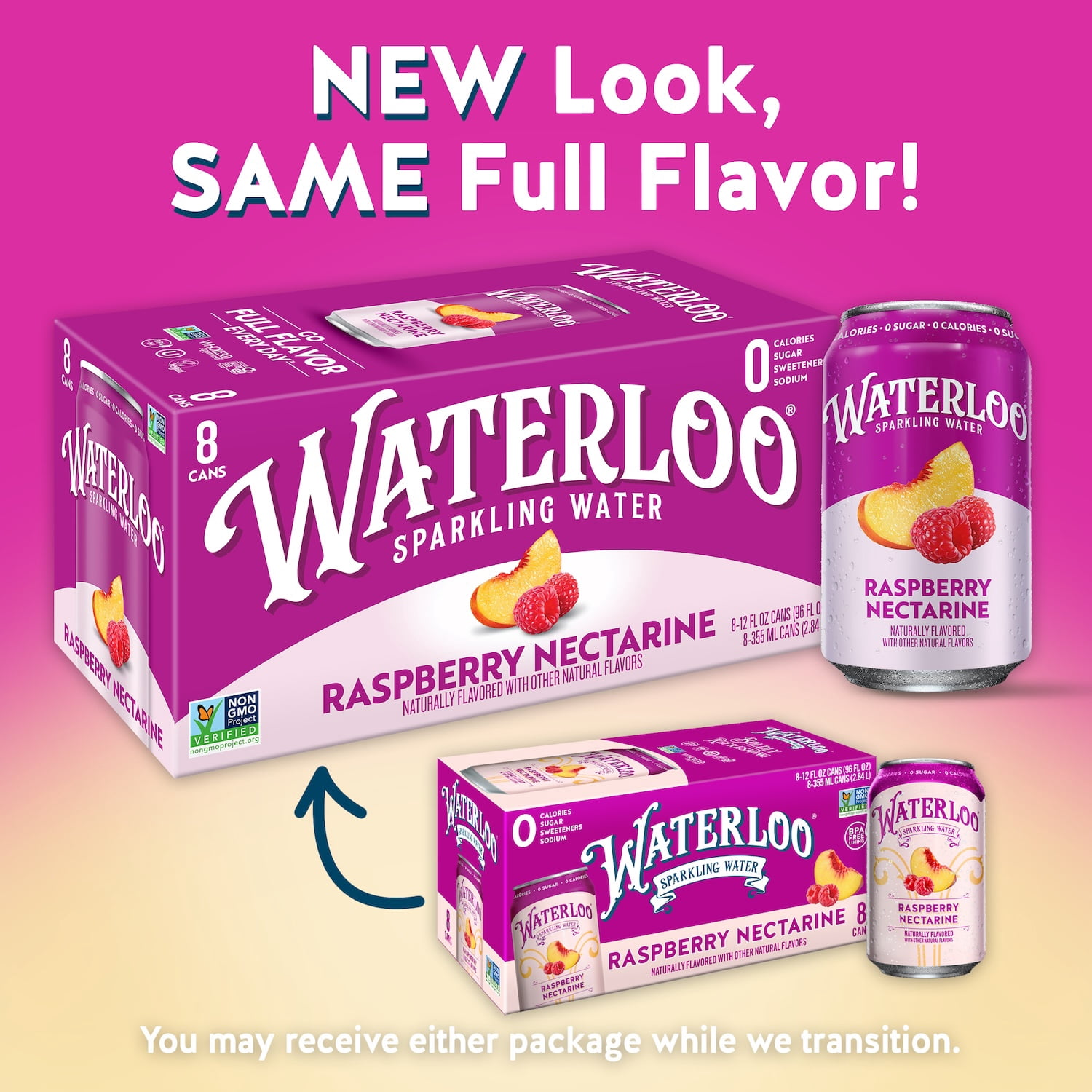 (3 pack) Waterloo Sparkling Water, Raspberry Nectarine, 12 fl oz, 8 pack cans
