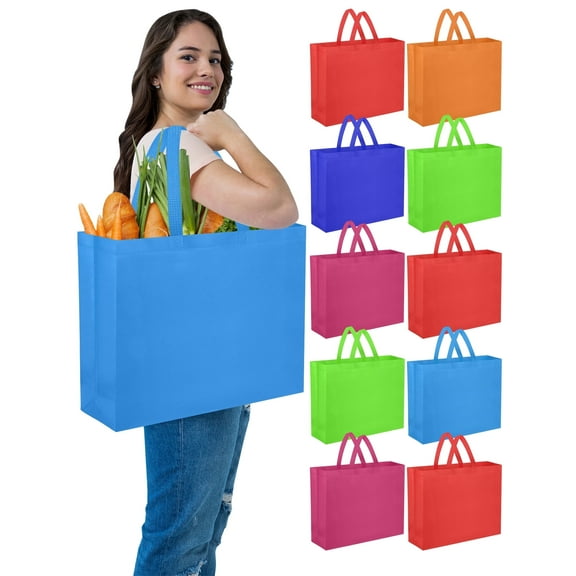 10Pcs Non-Woven Shopping Bags, 19L Reusable Grocery Tote Bags, 18x5x14", Multi-color
