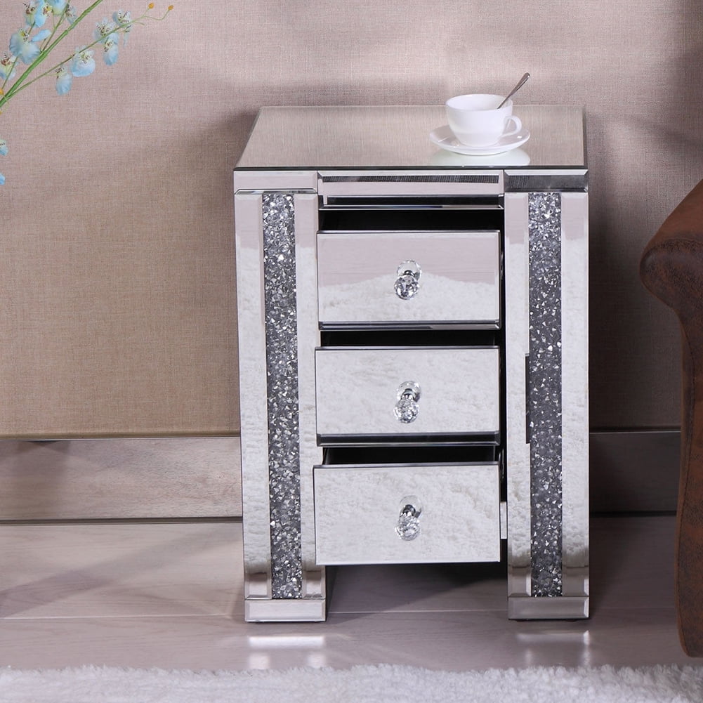 Kadyn Mirrored Bedside Cupboard with Crystal Diamond Inlay for Sofa Couch, Silver Bedside Cabinets with 3 Drawers for College Dorm, End Table for Bedroom