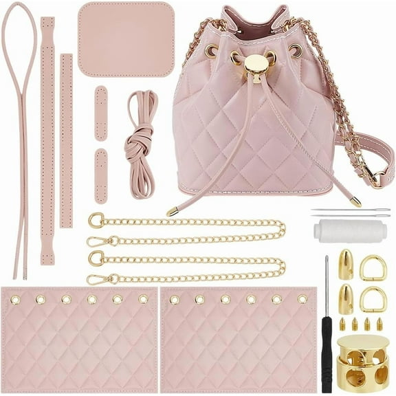 1set DIY PU Leather Bucket Bag Making Kit Crossbody Bag Sewing Knitting Sets for Purse Making Handbag Making Materials Accessories for DIY Shoulder Bag Making Pearl Pink