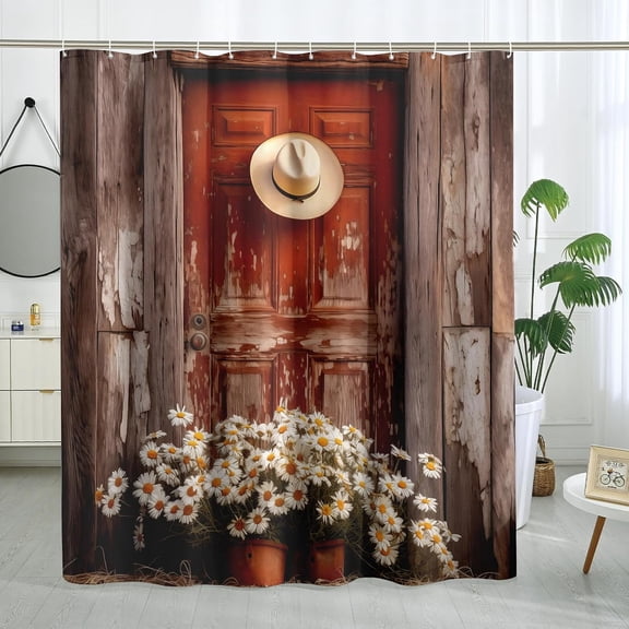Barn Door Shower Curtain Wood Rustic Shower Curtain Daisy Country Western Shower Curtain Bathroom Decor Polyester Fabric-72" x 72"