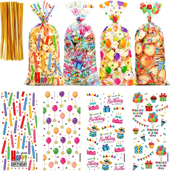 CCOCC Birthday Clear Cellophane Treat Bags Clear Goodie Bags 60 Twist Ties Kids Birthday Party Favors Wrapping Packaging Candy Cookies Treat Classroom Return Gifts 4 Colorful Designs