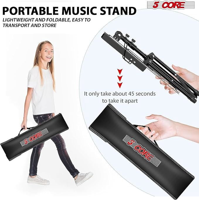 5Core Music Stand For Sheet Music Portable Tripod Adjustable Folding With Lights Note Holder BLACK