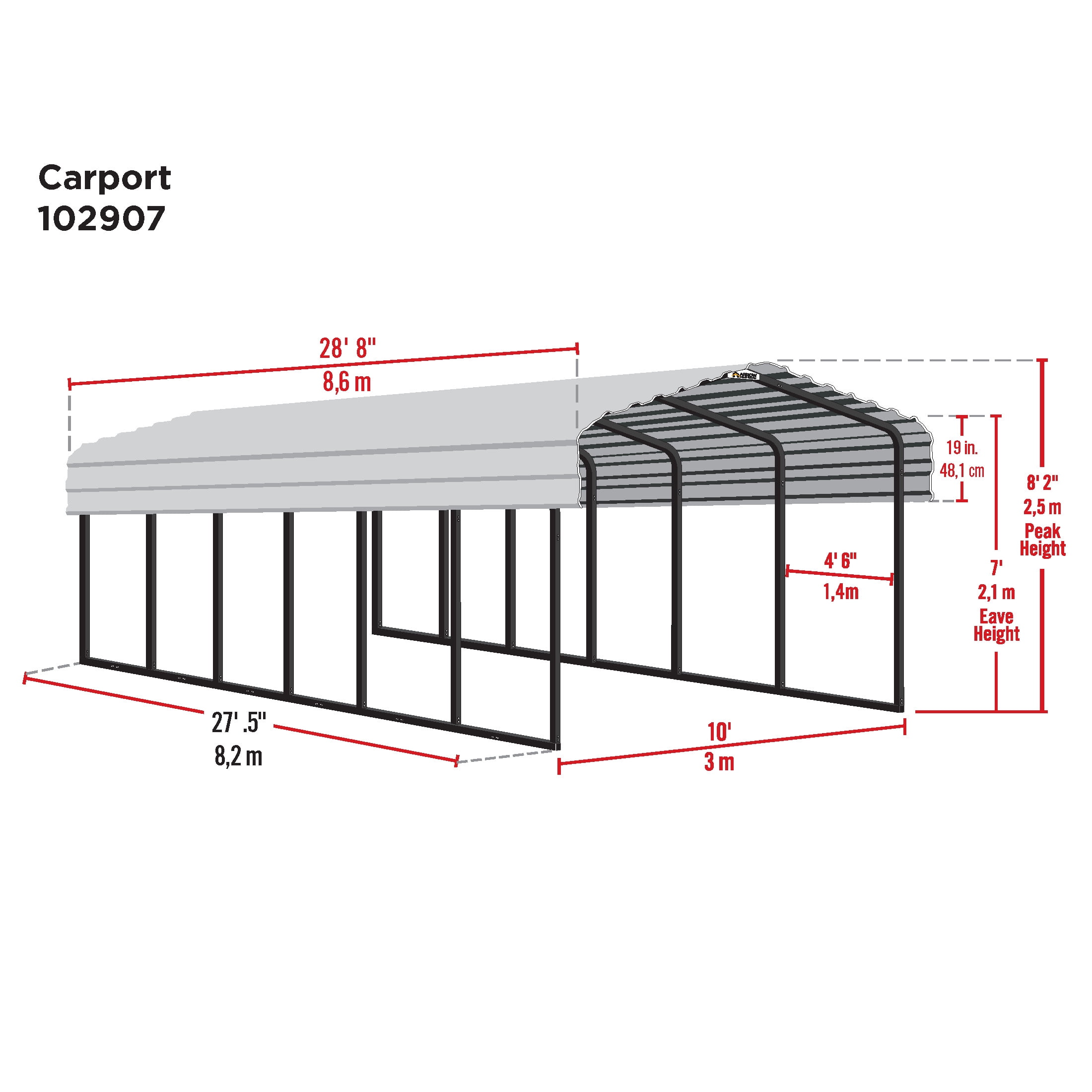 Arrow 10 x 29 x 7 ft Charcoal Carport