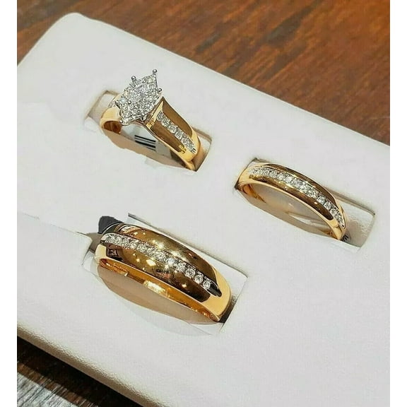 3Ct Round Lab Created Diamond Wedding His-Her Trio Engagement Ring Set 14K Yellow Gold Plated 925 Sterling Silver