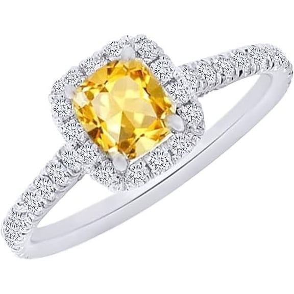 Gems Jewels 14K White Gold Plated 2.00 Ct Cushion Cut Citrine Christmas Wedding Engagement Thanksgiving Halo Ring 925 Sterling Silver For Women's -4