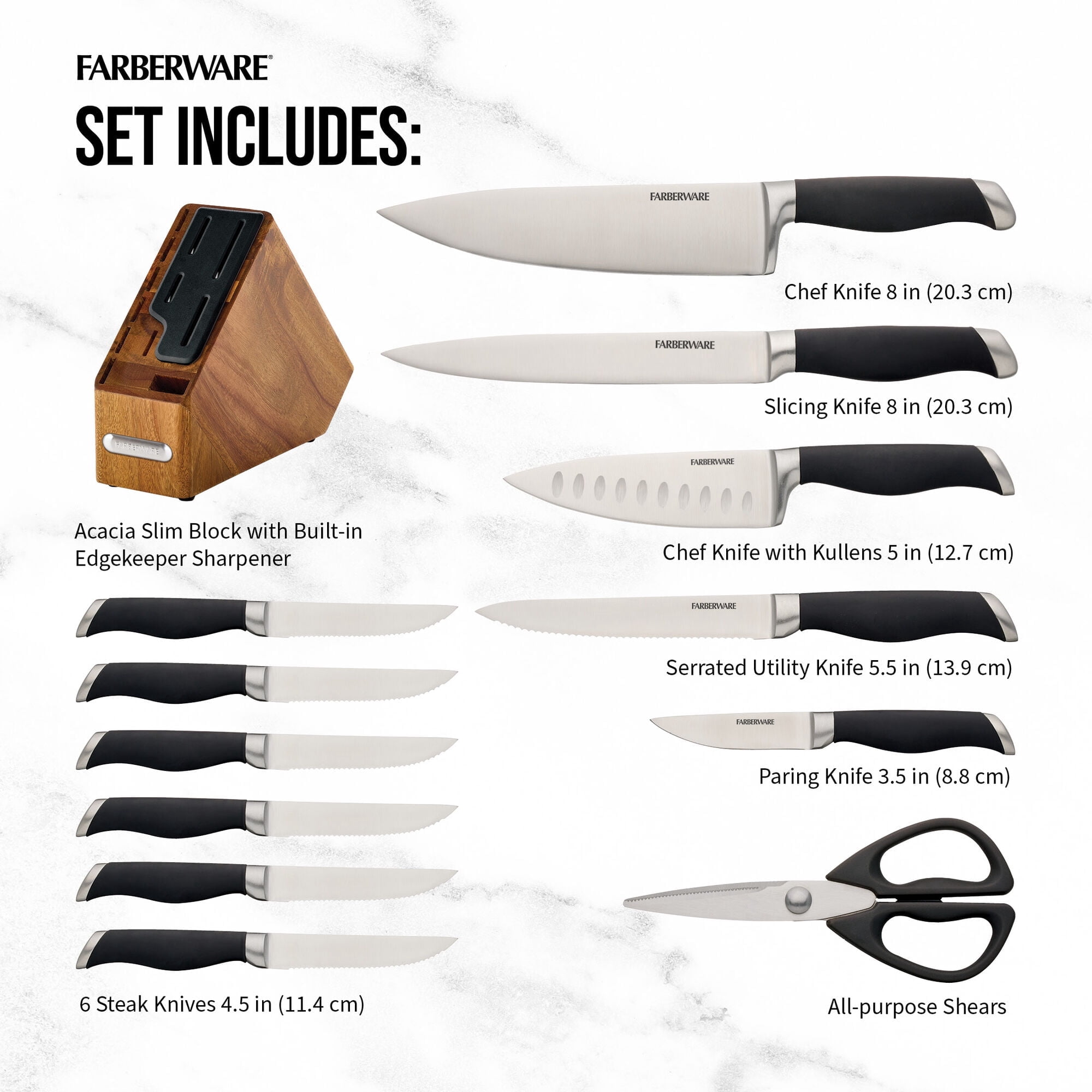 Farberware 13-Pc Forged Soft Grip Acacia Slim Knife Block Set, Edgekeeper Pro Knife Sharpener, Black