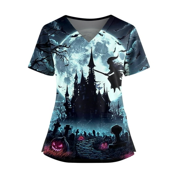 LTTVQM 2025 Halloween Scrubs Tops Women Plus Size Cute Pumpkin Bat Ghost Witch Print Nurse Working Uniforms Horror Short Sleeve Comfy V-Neck Blouse with Two Pockets Blue S