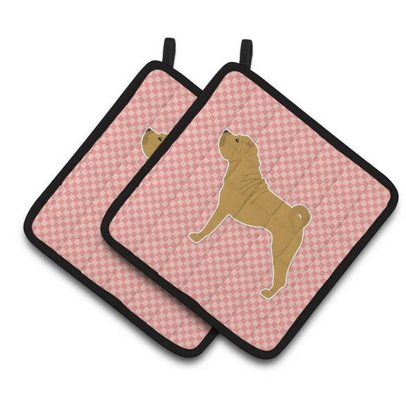 Shar Pei Merry Checkerboard Pink Pair of Pot Holders