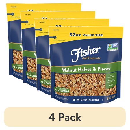 (4 pack) Fisher Chef's Naturals Gluten Free, No Preservatives, Non-GMO Walnut Halves & Pieces, 32 oz Bag