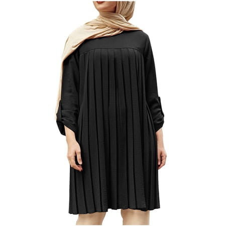 OSOLU Women Ladies Solid Color Casual Temperament Elegant Pleated Solid Color O-Neck Long Sleeve Pleated O-Neck Plus Size Tops Shirts Classic Dailywear