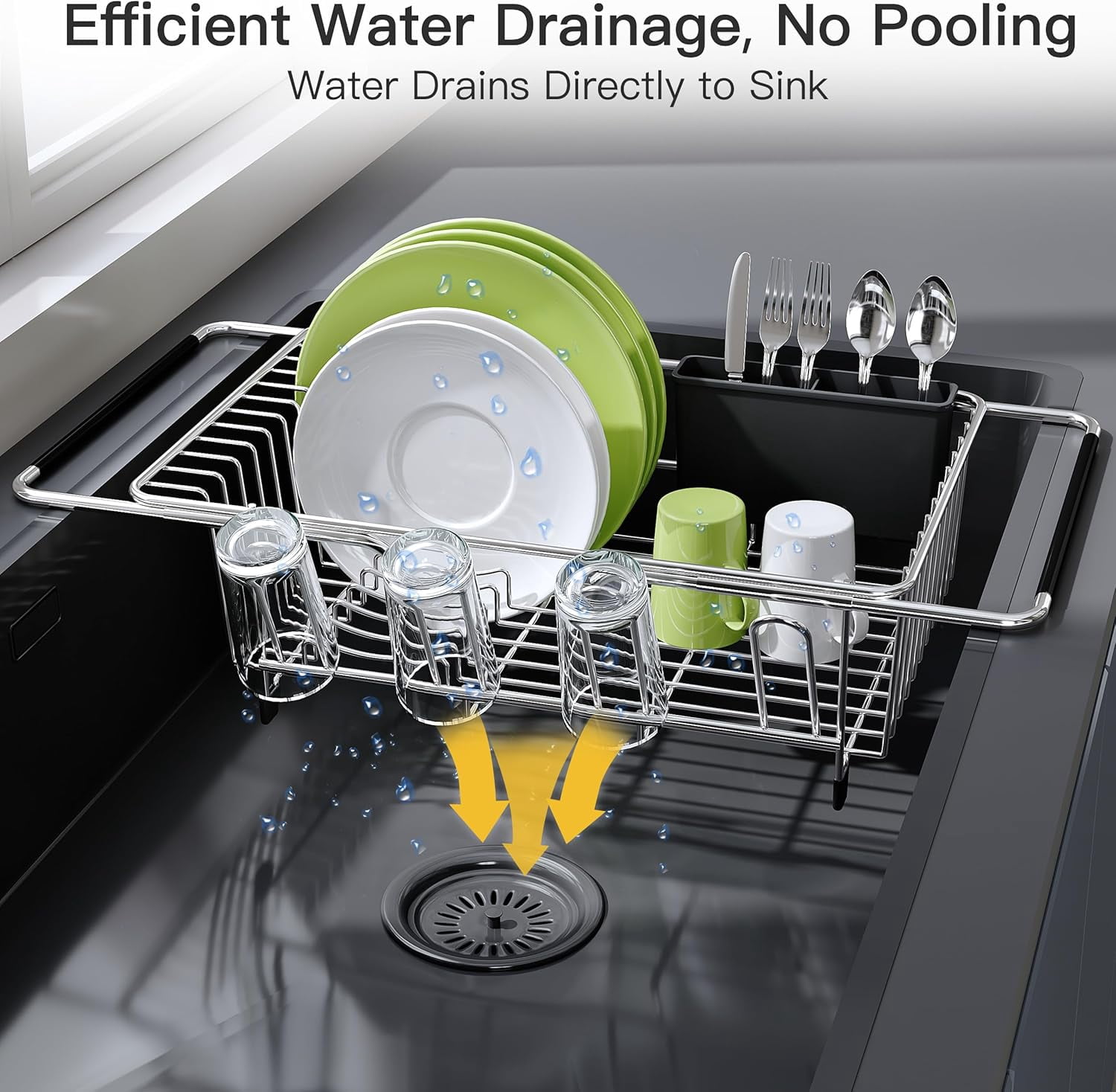 MMIZTFC Dish Drying Rack in Sink, Expandable Stainless Steel Dish Drainers for Kitchen Counter, Dish Dryer Rack for Inside Sink, Over The Sink Dish Racks with Utensil Holder, Silver