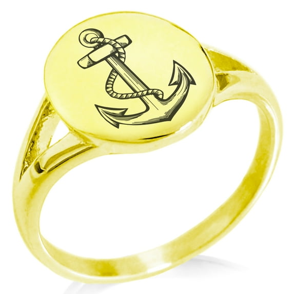 Stainless Steel Mariner Nautical Anchor Minimalist Oval Top Polished Statement Signet Ring