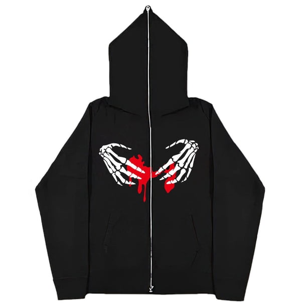 2023 Sudaderas con corazones rojos oscuros europeas y americanas para hombres y mujeres, sudaderas con capucha, parejas góticas, sudaderas con cremallera de gran tamaño Harajuku