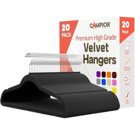 Black Velvet Hangers 20 Pack – Heavy-Duty 10 lbs Capacity, 360° Swivel Hook, Non-Slip & Space-Saving Design – Smooth Velvet Finish for Crease-Free Clothes & Effortless Closet Organization