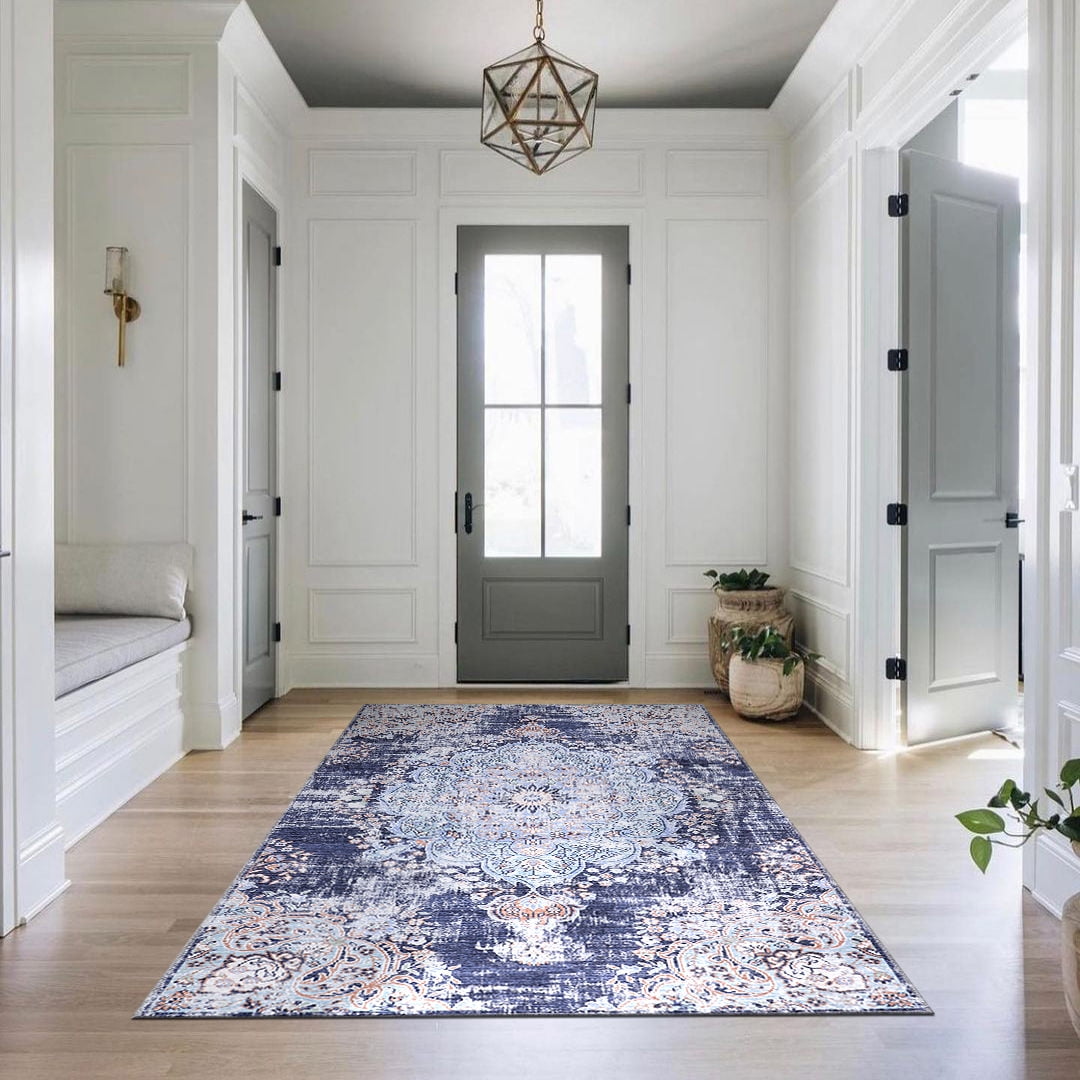 CAMILSON Machine Washable Rug, Distressed Vintage Area Rugs, Stain and Water Resistant, Traditional Bohemian Indoor Carpet (5x7, Navy Blue)