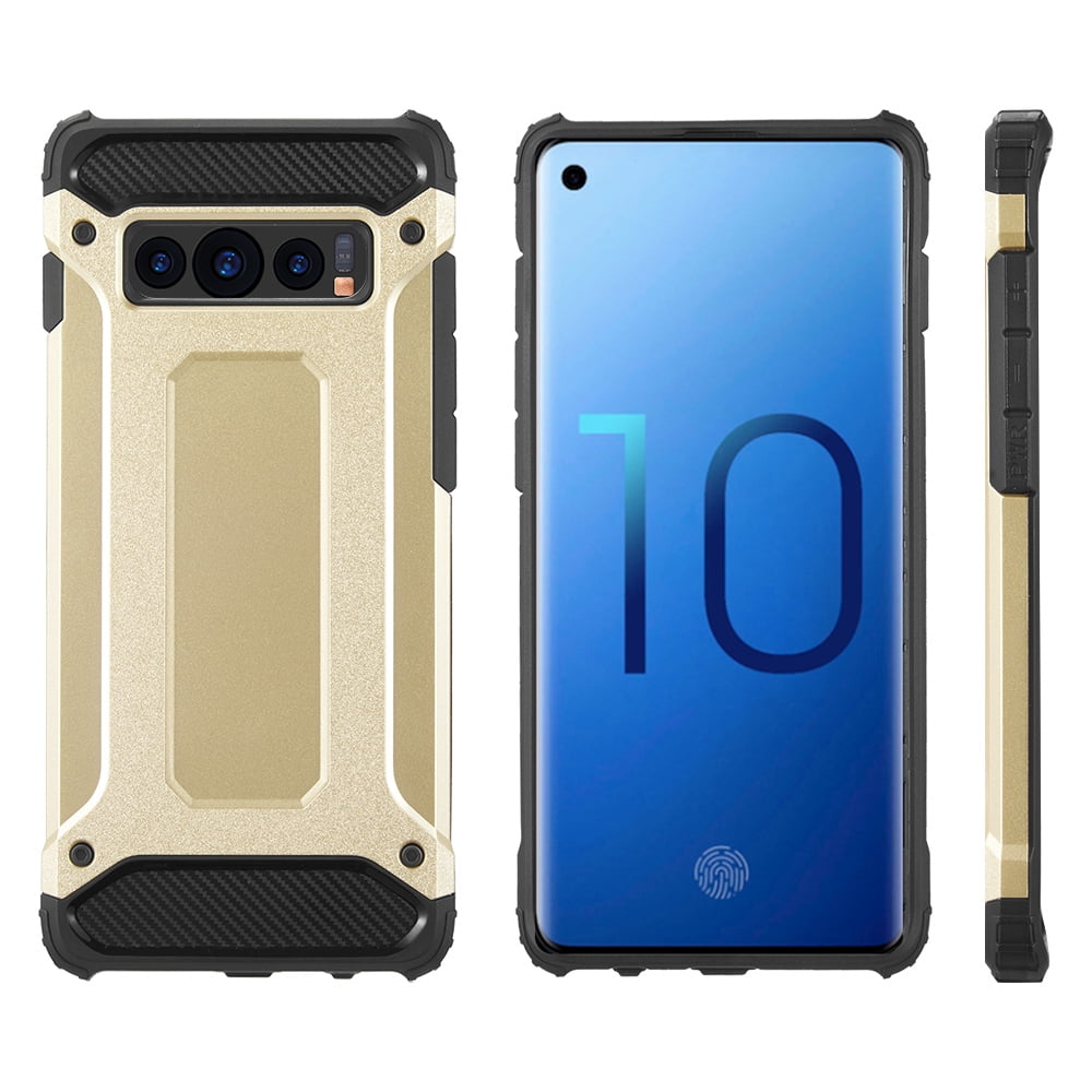 BUNDLE: Rugged Performance Dual Layer Hybrid Case for Galaxy S10 (Gold) & Deluxe Stereo Hands-Free Headset - Ultra Slim, Port Covers, Bumper Corner Protection, Shock Absorption, Raised Lip Guard