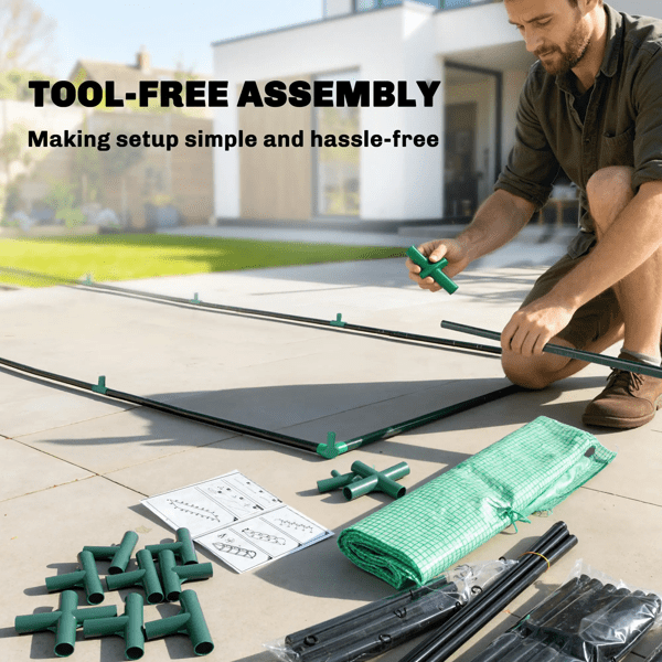 Green & Dark Green Wide Low-Profile Greenhouse with 4 Roll-Up Zipper Doors, UV-Protective PE Cover, Steel Frame, Windproof Level 4 for Balcony & Patio