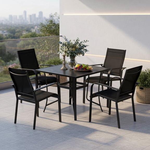 Resenkos Square Table with Parasol Opening for Yard Space, 5-Piece Patio Dining Set for 4 People with Stackable Chairs, Black