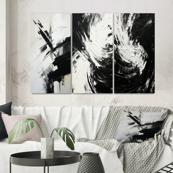 Designart "Beyond Boundaries Minimal Black and White Abstract III" Abstract Painting Wall Art Set Of 3 - Modern Black Canvas Set For Living Room Decor