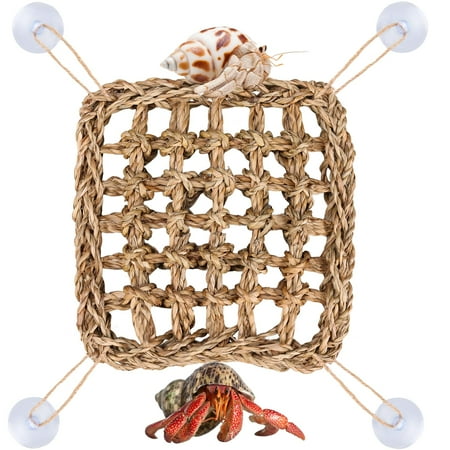 Hermit Crab Climbing Toys, Seagrass Mat Lizard Hammock with Suction Cup, 7.7" x 7.1" Natural Seagrass Woven Net, Tank Accessories for Small Reptiles Hermit Crab Lizard Hamster Guinea Pig Rats