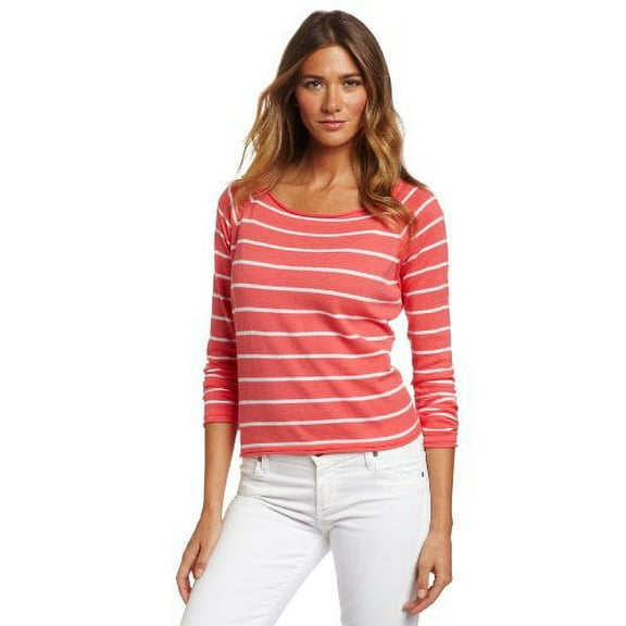 525 America Women's Long Sleeve Stripe Pullover Sweater, Tuscan Coral Combo,Medium