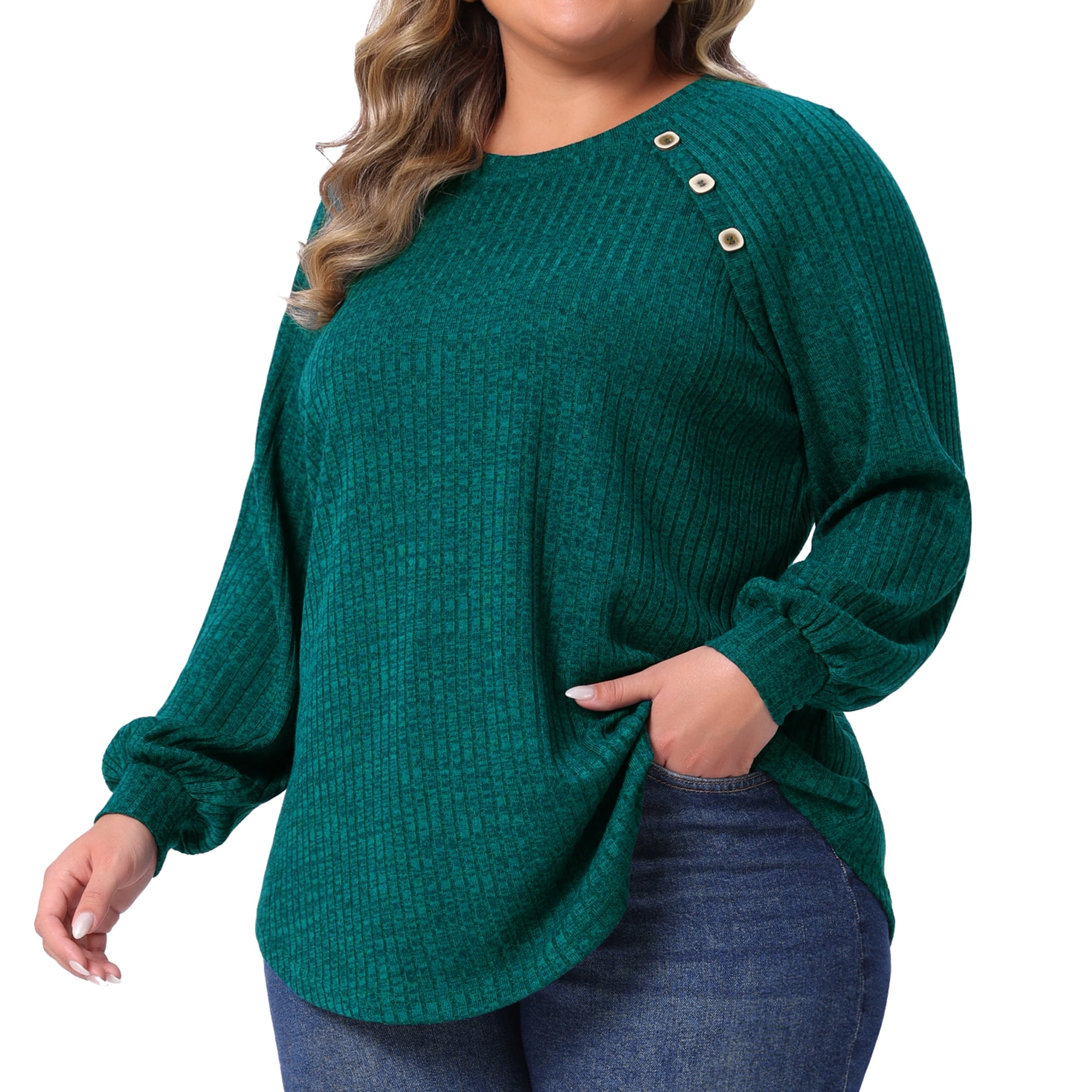 DARING DIVA Women's Plus Tops Crew Neck Button Decor Pullover Blouses 4X Green