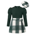 thumbnail image 3 of PureChapter Girls 3 Piece Outfit Set, Puff Long Sleeve Ribbed Top, Plaid Bow A-Line Skirt & Matching Beret Hat Vintage Preppy Clothes for Teen Girls 6-14 Years, 3 of 8