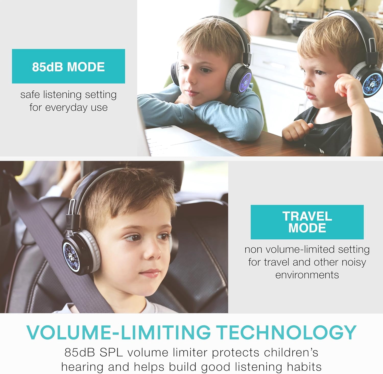 MEE audio KidJamz Share Bluetooth Wireless Headphones for Kids with LED Lights, 85dB Volume Limiter, Mic, 40h battery; Childrens Headset for School/Classroom/Online Learning (Model: KJ55BT-S, 1-Pack)