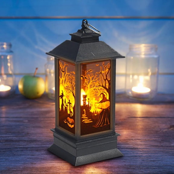 Halloween Lantern Decorations 5'' Portable LED Candle Lantern Vintage Candle Hanging Lamp Graveyard Skeleton Witch Ghost Black Mini Halloween Decorations for Home Indoor Outdoor Party Favor Supplies