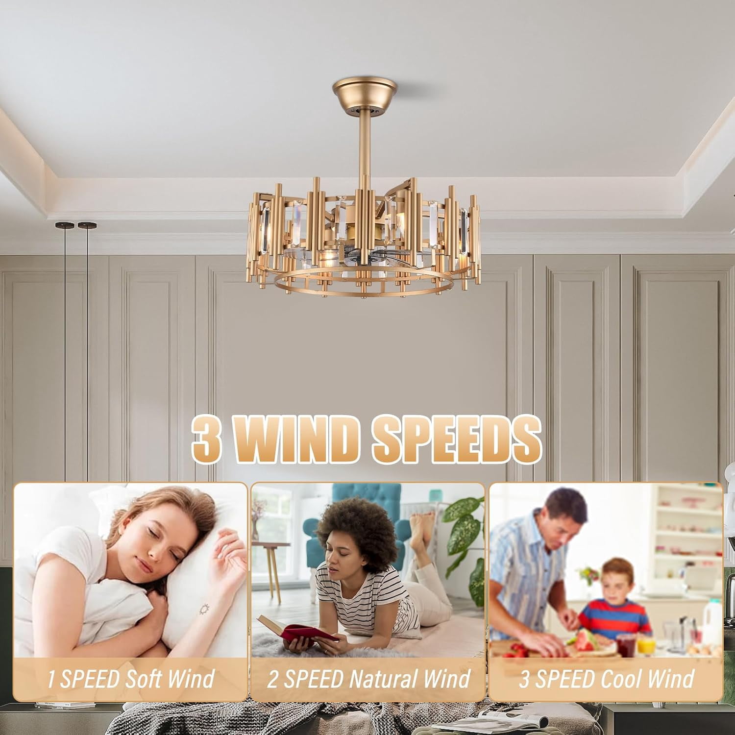 20" Ceiling Fan Light Dimmable 3 Speed Chandelier Lamp Fixture w/Remote & Timing Function for Bedroom, Living Room, Dining Room, Kitchen Island