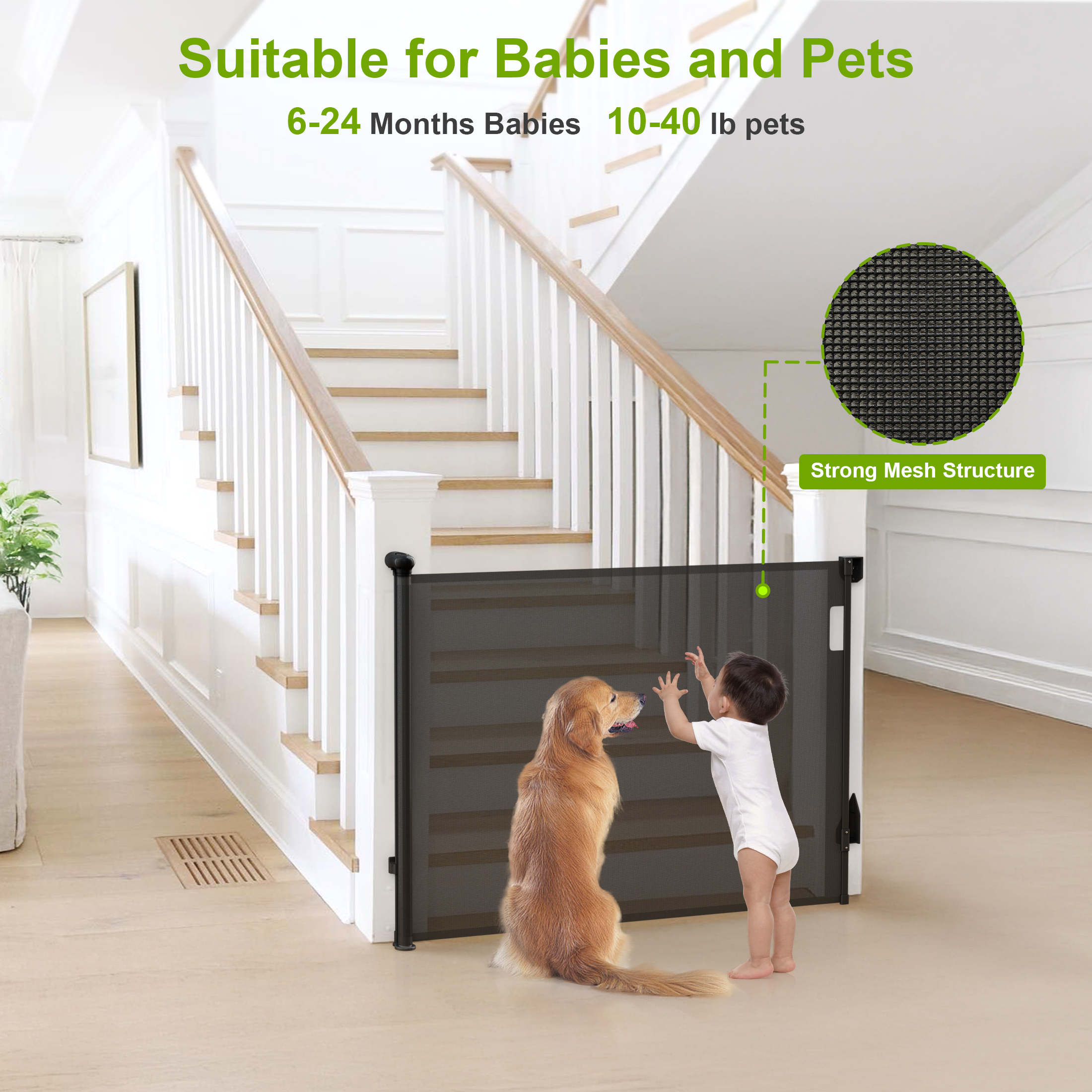 Vomeast Retractable Gates,Extends up to 55in Wide Baby Safety Gates Dog Gate for Doorways Stairs Hallways(Black)
