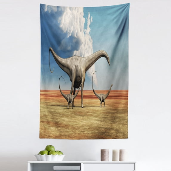 Jurassic Tapestry, Mother Diplodocus Dinosaur Walks Along with Her Brood of Youngsters Clouds, Fabric Wall Hanging Decor for Bedroom Living Room Dorm, 5 Sizes, Khaki Blue Grey, by Ambesonne