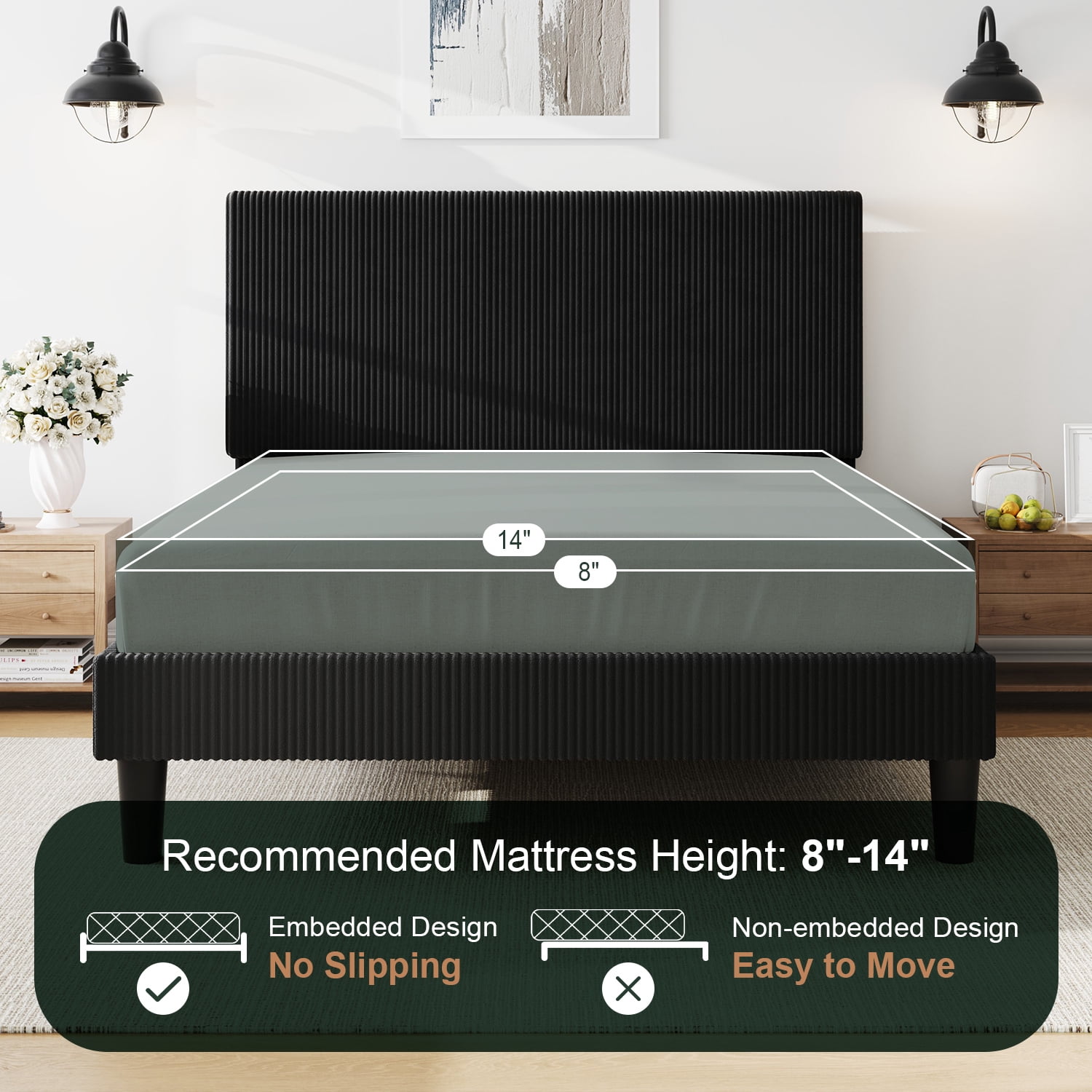 Amolife Full Size Platform Bed Frame with Corduroy Fabric Upholstered Adjustable Height Headboard, Black