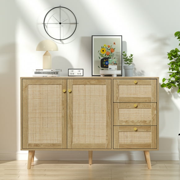 Eumyviv Accent Storage Cabinet with 2 Doors and 3 Drawers, Sideboard Buffet Cabinet with Rattan Design for Living Room Dining Room Hallway Kitchen, Natural Oak H0088